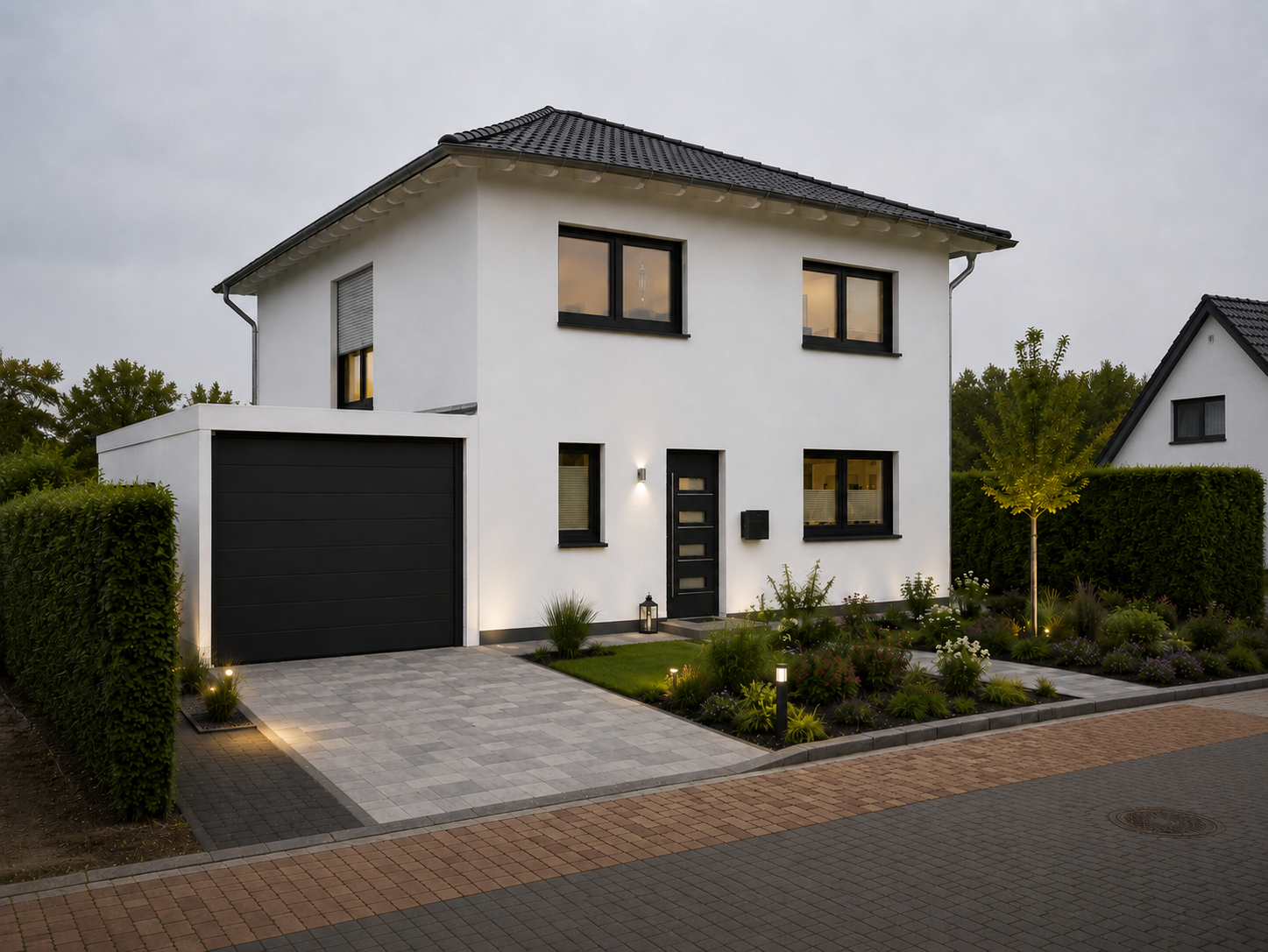 Modernes, zweistöckiges Einfamilienhaus mit schwarzem Garagentor und gepflegtem Garten.