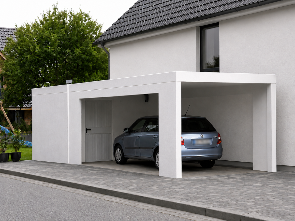 Helles Einfamilienhaus mit Carport und geparktem blauen Auto auf Pflasterstein-Einfahrt.