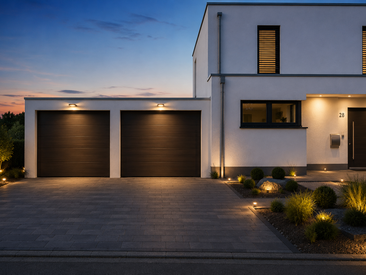 Modernes Haus mit Doppelgarage und gepflastertem Hof. Außenbeleuchtung betont Fassade und Garten.