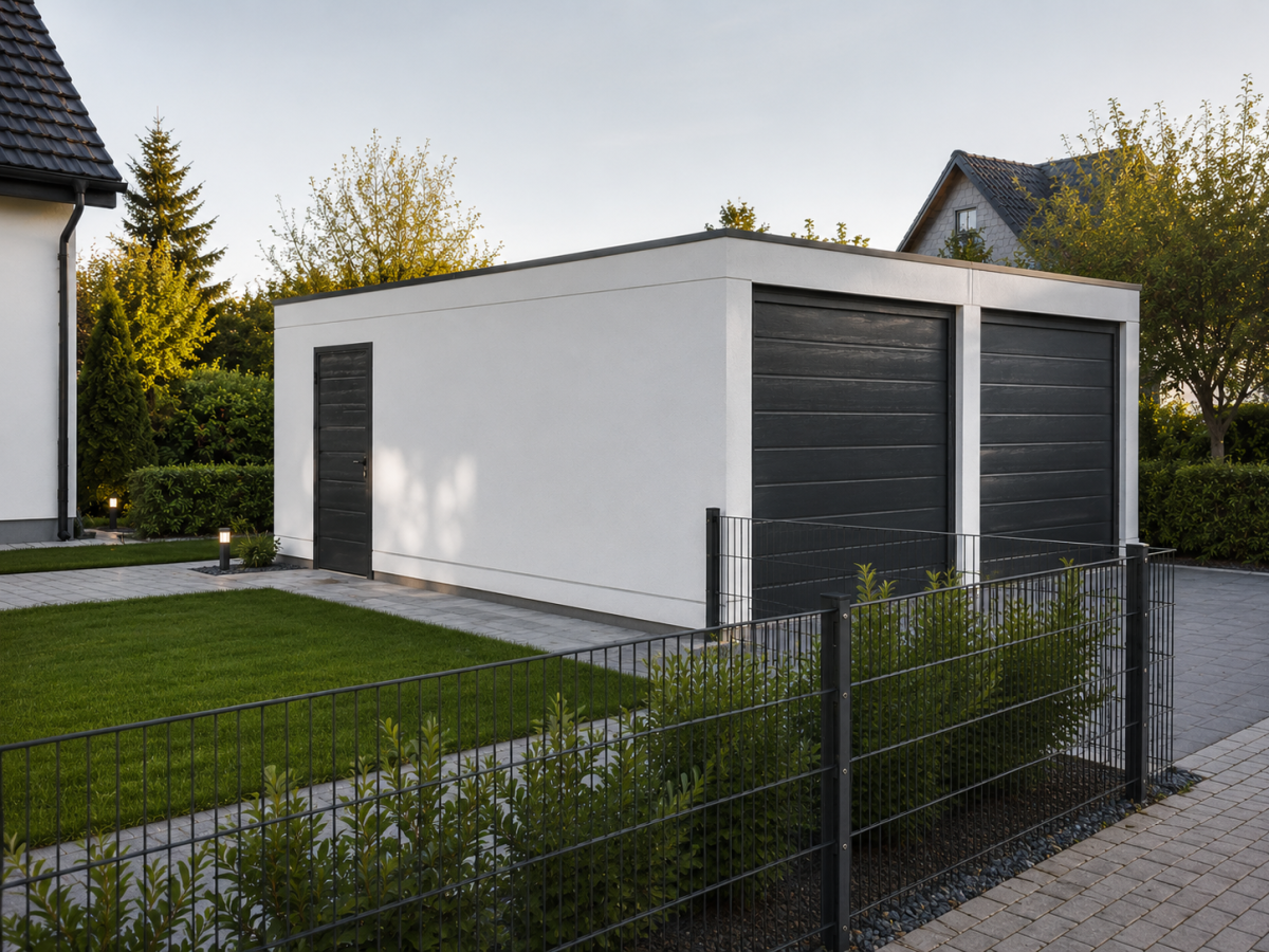 Weißes Doppelcarport mit grauen Garagentoren, umgeben von Rasen und Hecken. Vorgarten mit Pflasterweg.