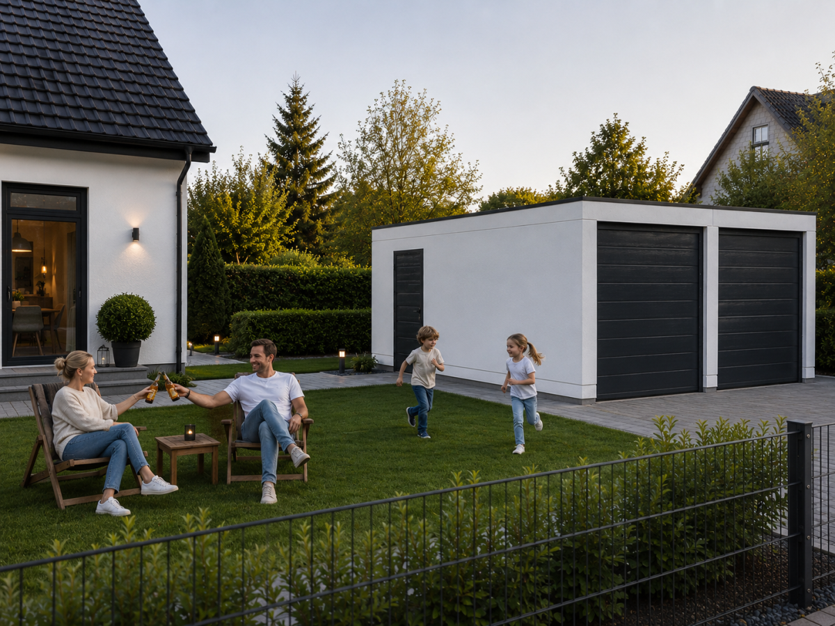 Familie sitzt im Garten vor modernem Haus, Kinder spielen auf Rasen. Im Hintergrund Garage und Hecke.