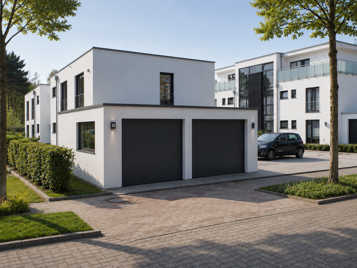 Moderne Reihenhäuser mit Garagen, gepflastertem Hof und Bäumen im Vordergrund.