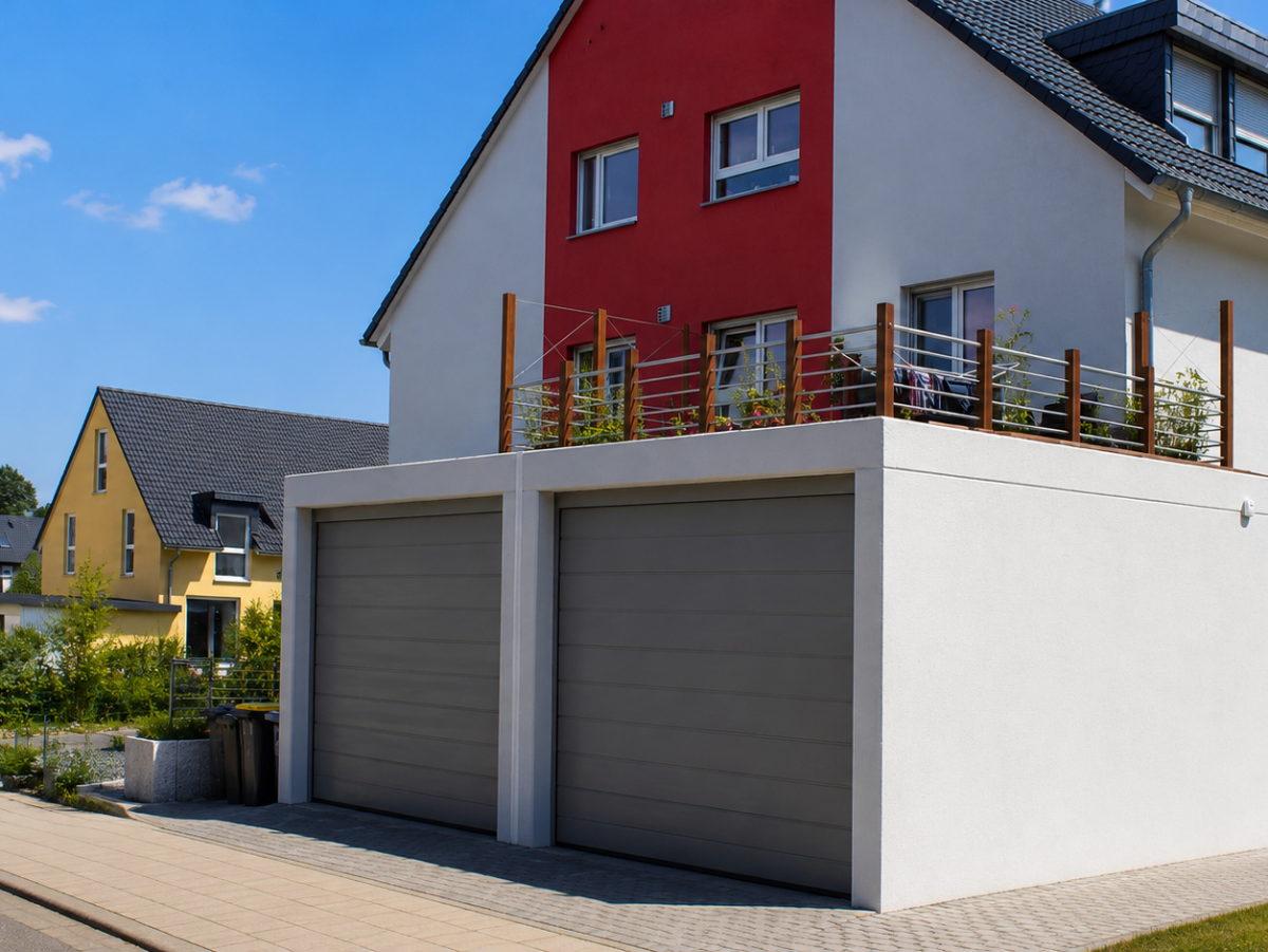 Modernes Reihenhaus mit Garage, rotem Akzent und Balkon. Straßenszene mit weiteren Häusern und blauem Himmel.