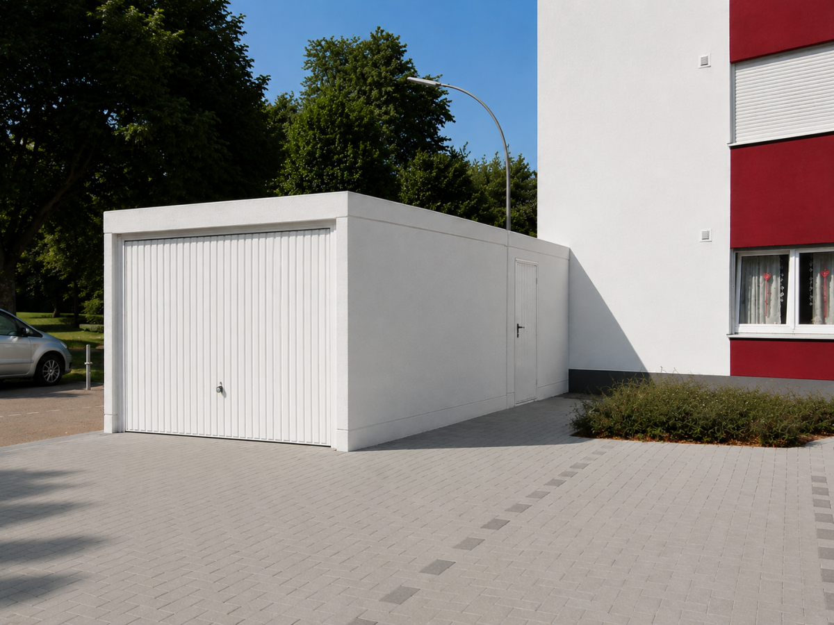 Weißer Carport mit Rolltor vor einem modernen Gebäude mit rotem Akzent.