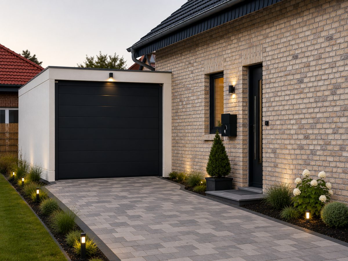 Einfamilienhaus mit gepflasterter Auffahrt und Garage. Beleuchteter Garten.