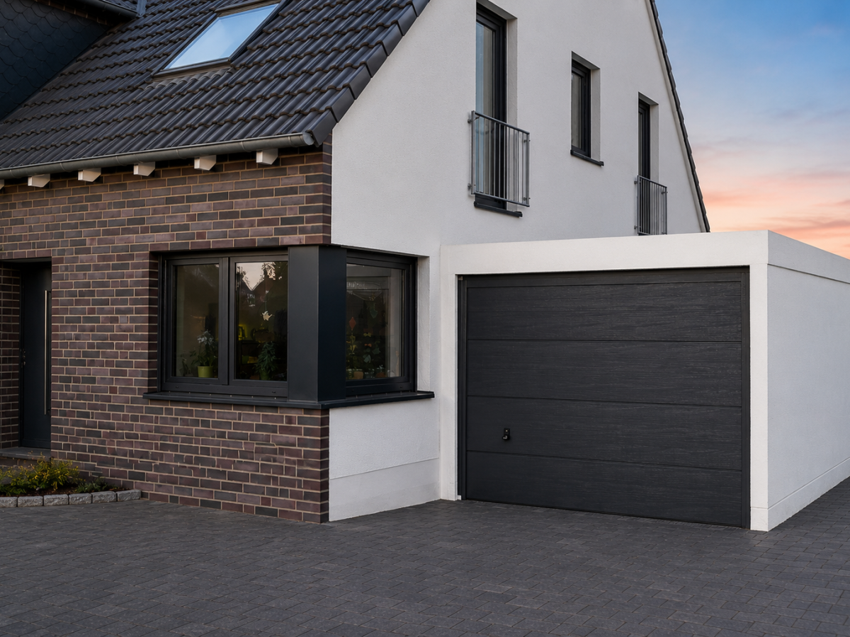 Modernes Einfamilienhaus mit Garage. Teilweise Backstein- und Putzfassade, dunkles Satteldach, gepflasterte Auffahrt.