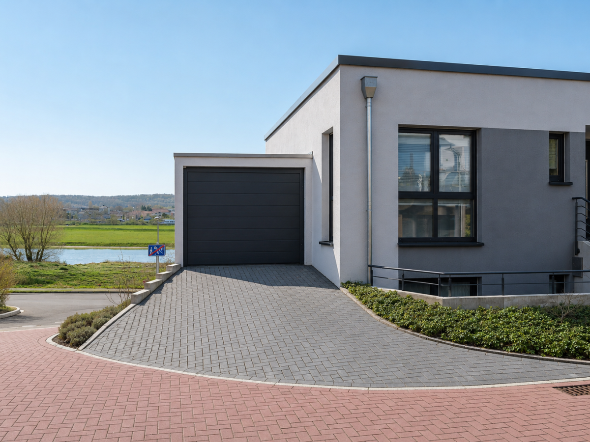 Modernes Einfamilienhaus mit grauer Garage und gepflastertem Hof. Im Hintergrund See und Landschaft.
