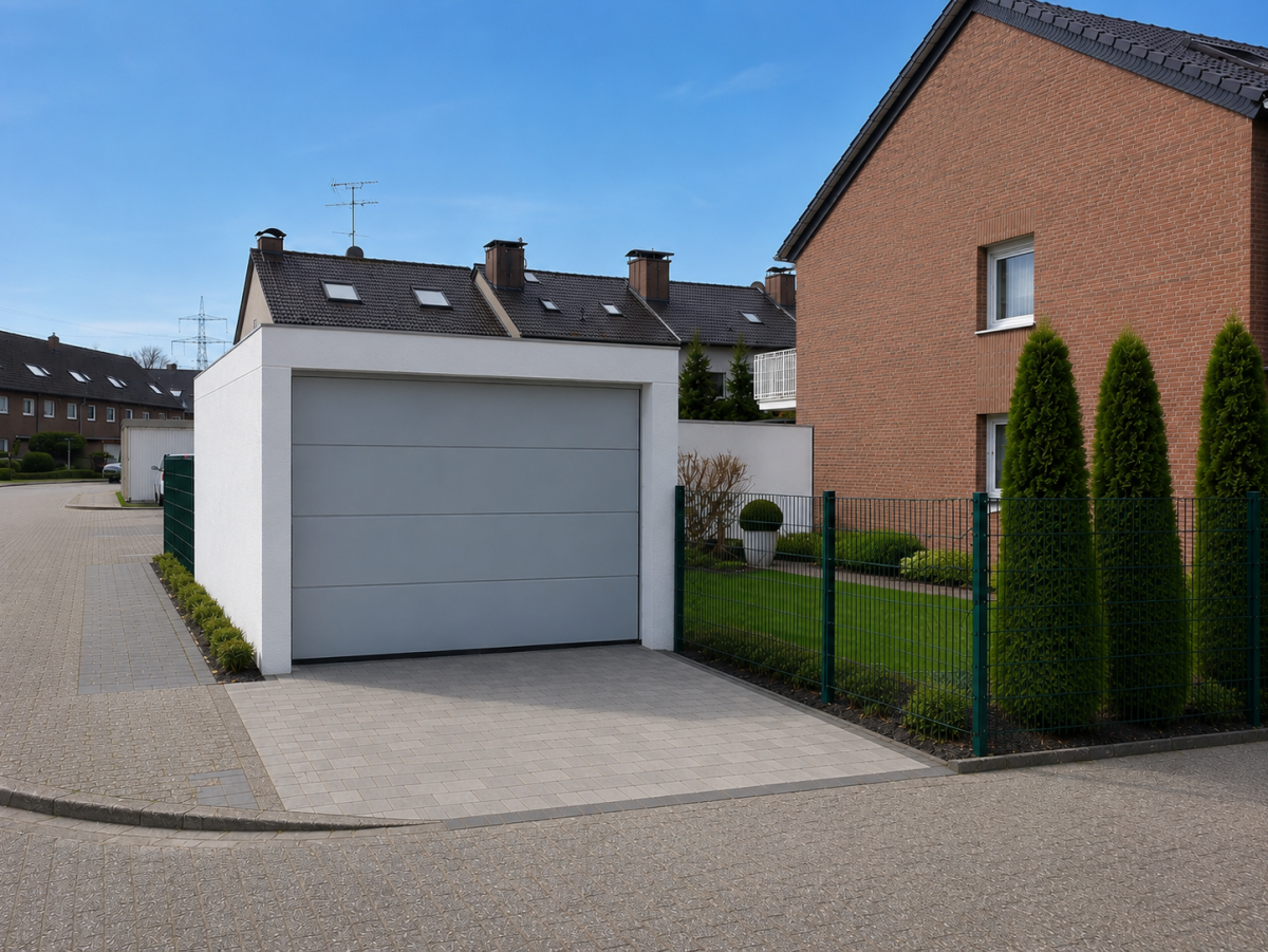 Modernes Einfamilienhaus mit Garage und gepflegtem Vorgarten. Hecke und Rasenfläche.