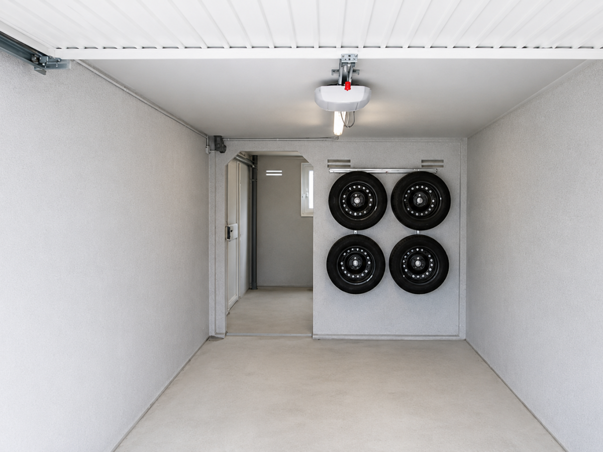Aufgeräumte Garage mit vier aufgehängten Reifen an der Wand. Garagentor ist geöffnet, Blick in einen Flur.