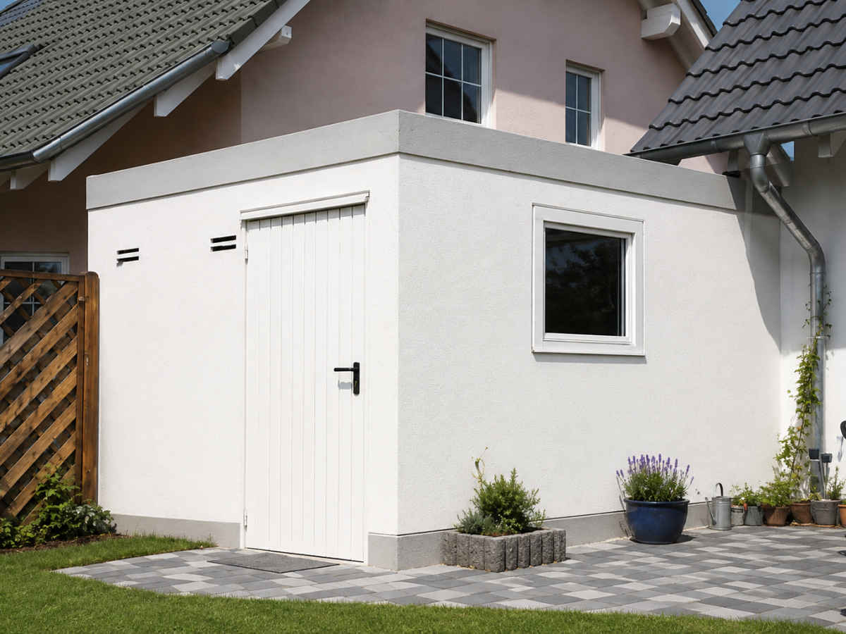 Weißer Schuppen an einem Haus, mit Tür, Fenster und Pflasterterrasse. Im Hintergrund ein Gartenzaun und Pflanzen.