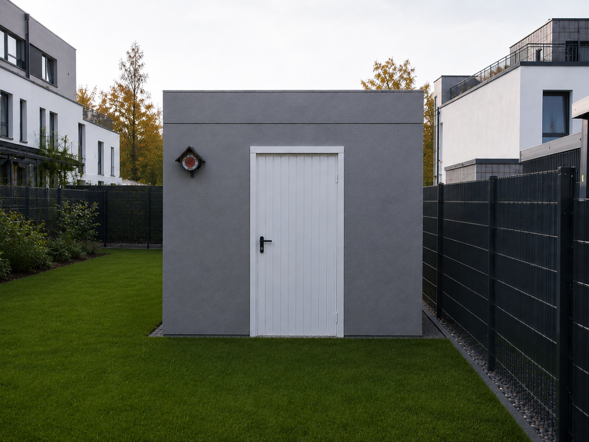 Grauer Gartenhaus mit weißer Tür, daneben schwarzer Zaun. Hintergrund: moderne Gebäude und Rasen.