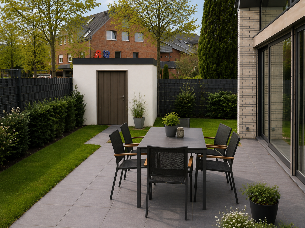 Gepflasterte Terrasse mit Gartenmöbeln, dahinter Gebäude und Bäume.