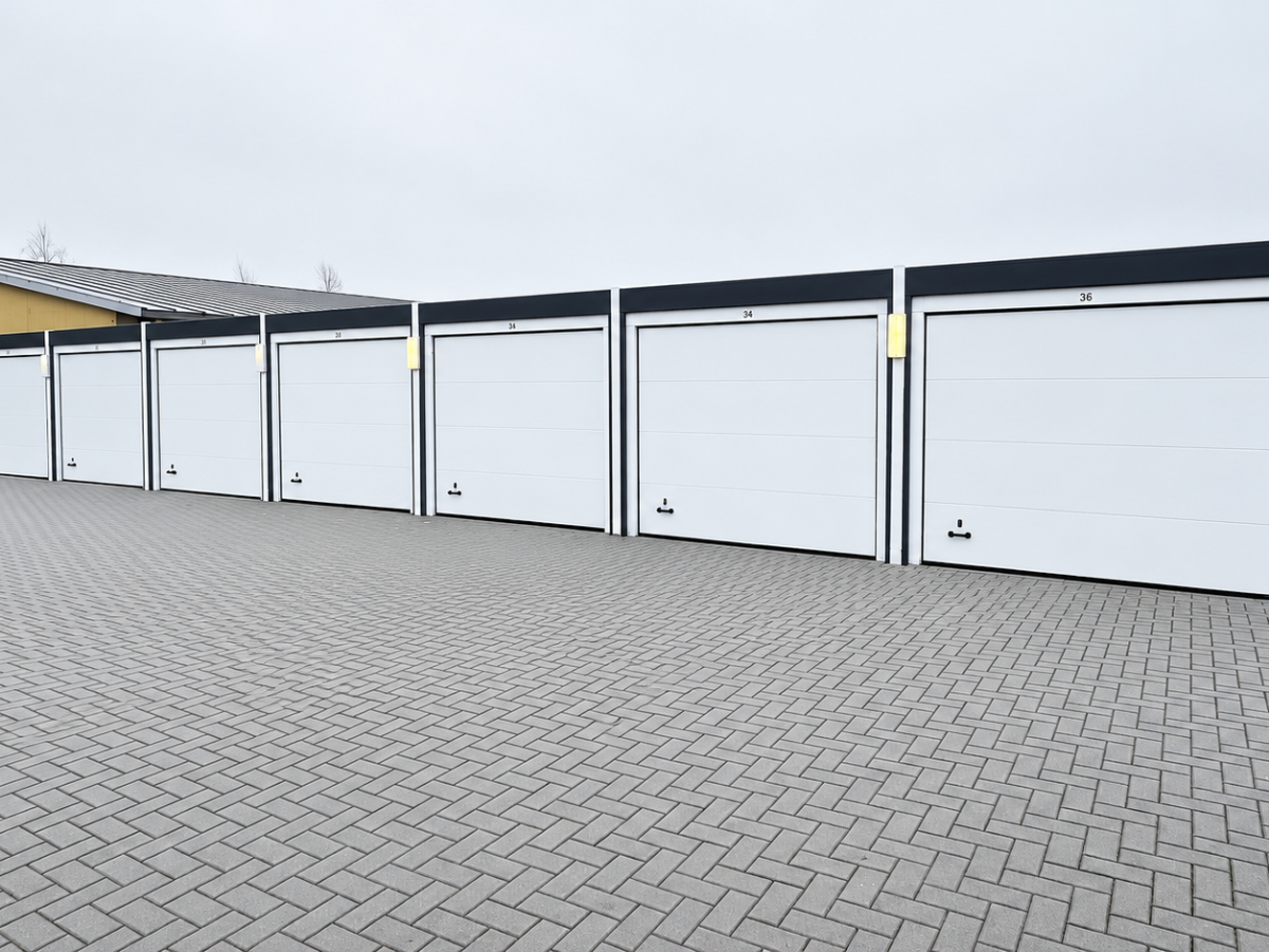 Reihe von Garagen mit weißen Türen und schwarzen Rahmen auf gepflastertem Vorplatz.