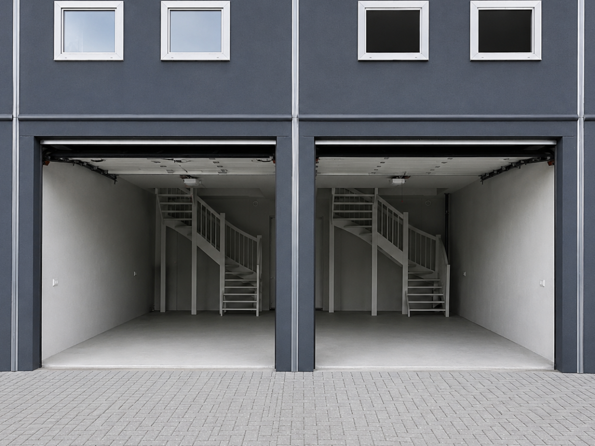 Dunkelgraue Doppelgarage mit geöffneten Toren. Innen jeweils eine Wendeltreppe. Darüber zwei Fenster pro Garagenhälfte.