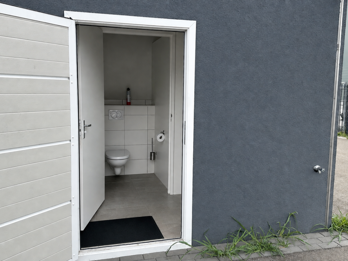 Toilette in einem grauen Gebäude. Tür steht offen, zeigt WC, Waschbecken und Fliesen.
