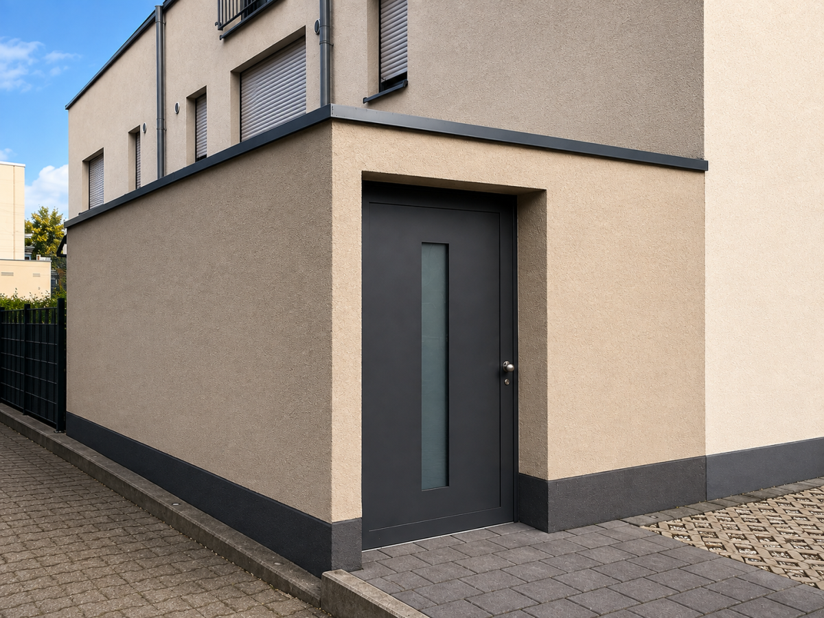 Eckiges Gebäude mit beigem Putz, grauer Sockelzone und dunklem Eingang. Neben dem Eingang gepflasterter Gehweg.