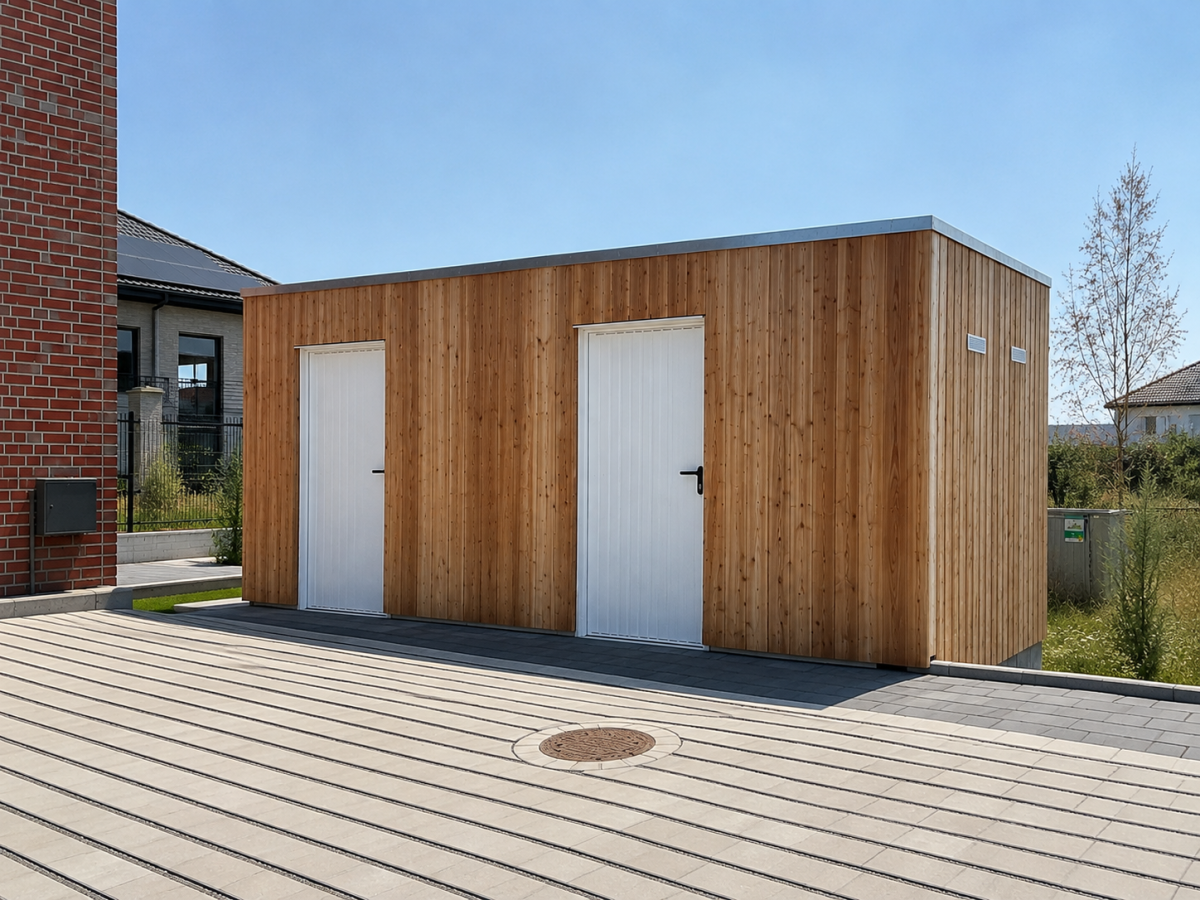Holzgebäude mit zwei weißen Garagentoren und einer Tür auf gepflastertem Hof. Hintergrund: Wohnhaus und Grünfläche.