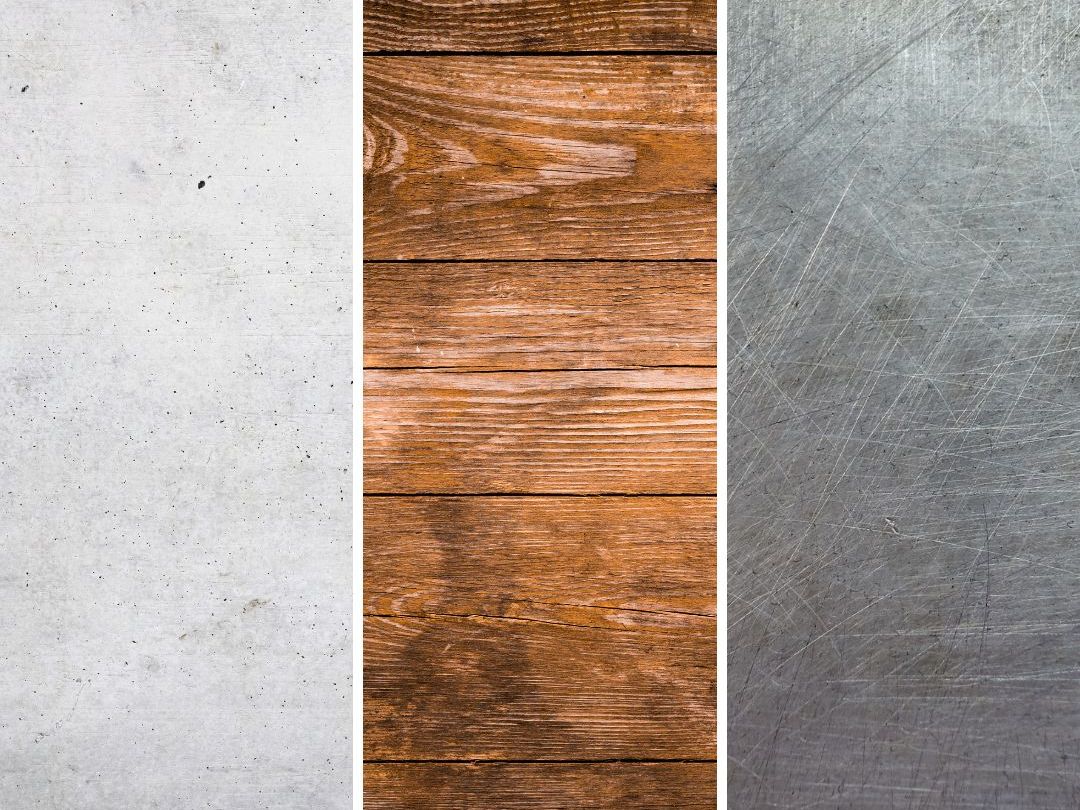 Drei Texturen nebeneinander: Beton, Holz, Metall. Alle hell und neutral.