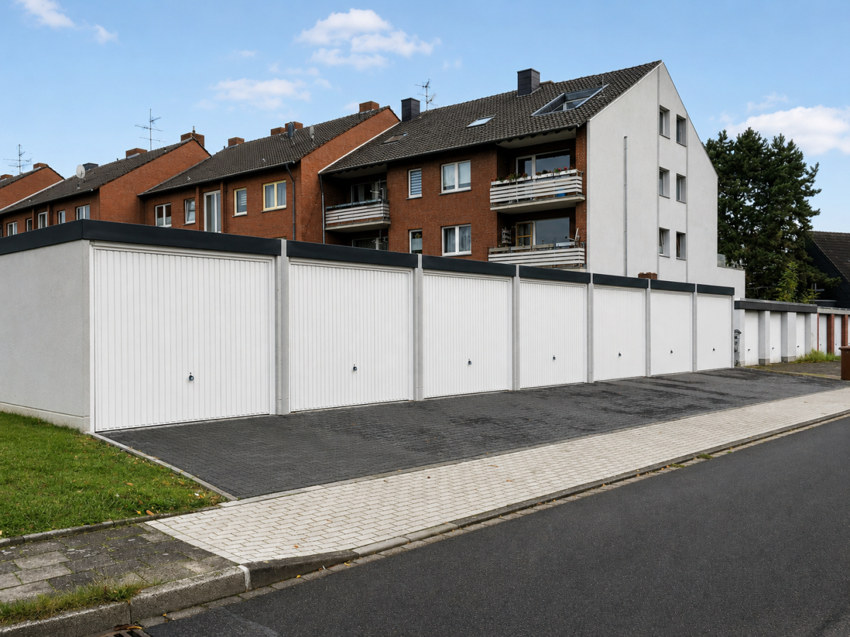 Reihe weißer Garagentore an einer Straße, Wohngebäude im Hintergrund.