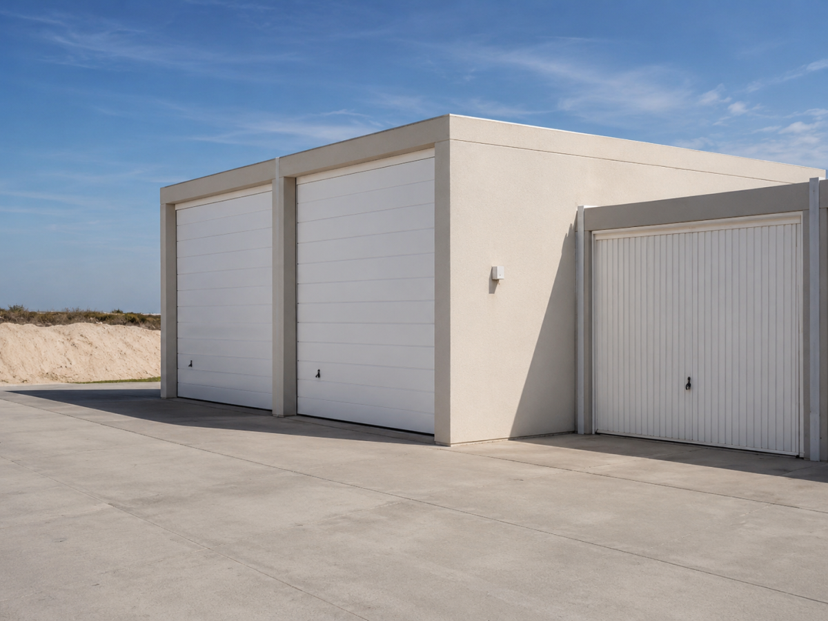 Beiger Garagenkomplex mit drei weißen Garagentoren und gepflastertem Vorplatz unter blauem Himmel.