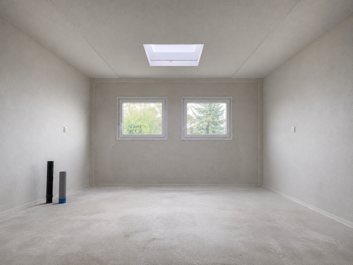 Leerer, heller Raum zur Renovierung. Zwei Fenster, Dachfenster, Rohre an der Wand, unfertiger Boden.