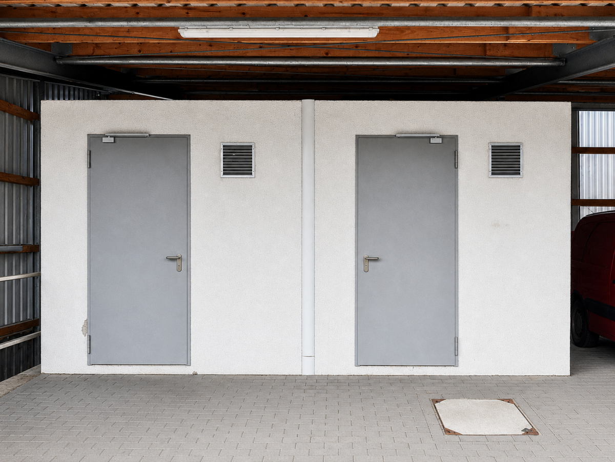 Zwei graue Türen in einer gepflasterten Garage. Über den Türen jeweils ein kleines Gitter.
