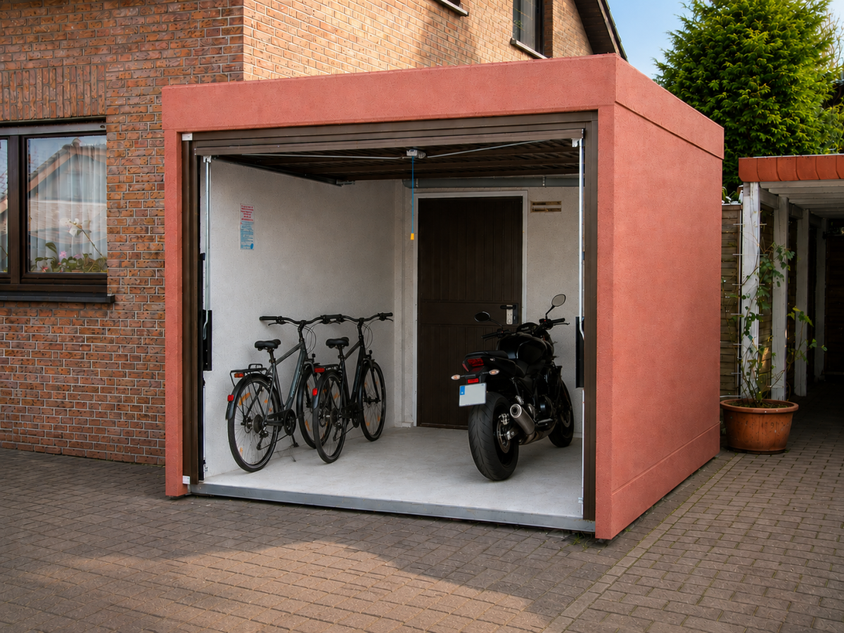 Garage mit geöffneter Tür, zwei Fahrrädern und einem Motorrad darin. Backsteinhaus im Hintergrund.