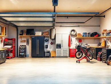 Aufgeräumte Garage mit Werkbank, Regalen, Werkzeugkästen und einem Motorrad im Mittelpunkt.