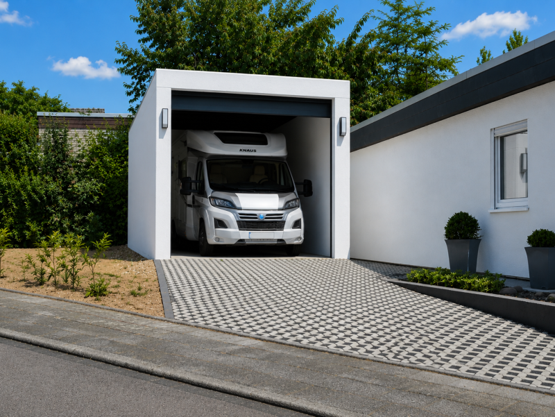 Die Großraumgarage – Großraumgarage · 3,44 × 7,99 × 3,48 m · Sektionaltor RAL 9006