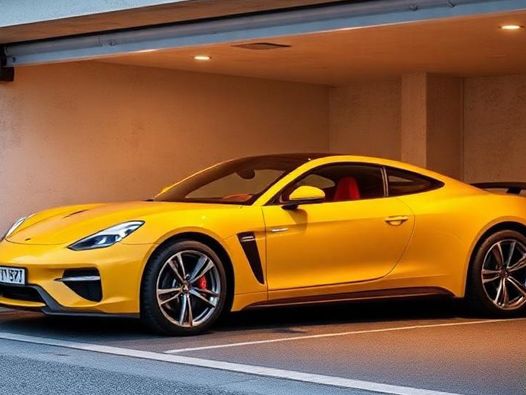 Gelber Porsche 718 Cayman steht in einer offenen Garage. Sicht von der Seite.