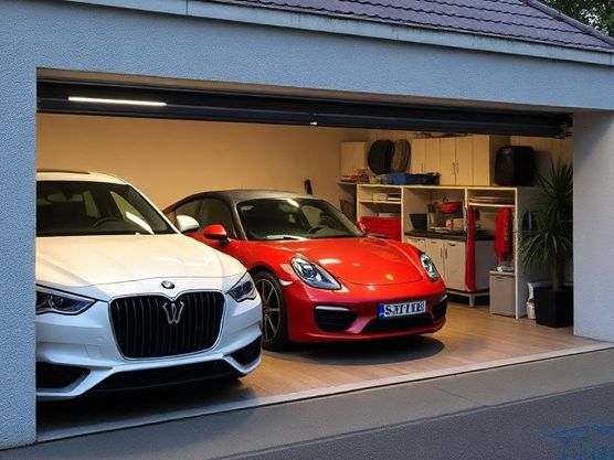 Garage mit zwei Autos: weißem BMW und rotem Porsche. Hintergrund: Ordnungssystem mit Regalen und Werkzeug.
