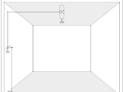 Grundriss eines quadratischen Raumes mit einer Deckenlampe und einem Heizkörper an der Wand.