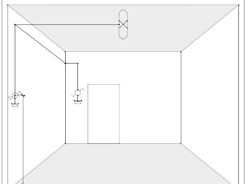 Grundriss eines Raumes mit Lichtschalter, Deckenventilator und Tür.