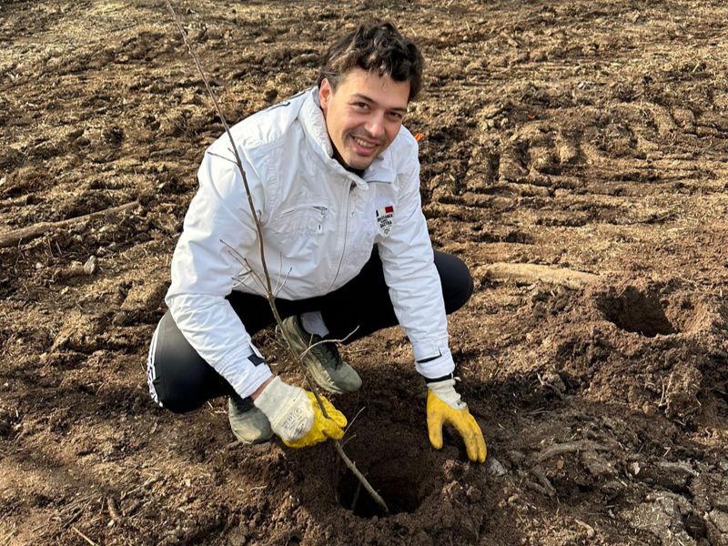 Mann kniet beim Pflanzen eines Setzlings im Feld. Er trägt Jacke, Handschuhe und dunkle Hosen.