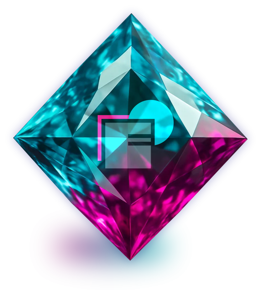 Diamantenförmiges Logo mit Farbverlauf von Türkis zu Pink, darüber ein stilisiertes 'F' in Silber.