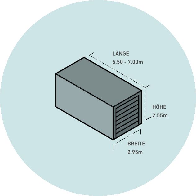 Container mit den Maßen Länge 5,5-7m, Breite 2,95m und Höhe 2,55m.