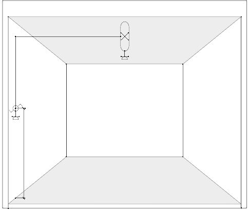 Zeichnung von einer Variante der Elektroinstallation mit einer Schaltersteckdosenkombination an der linken Wand und einer Leuchtstofflampe mit Schutzwanne mittig an der Decke und Steckdose unter der Decke für Elektroantrieb. 