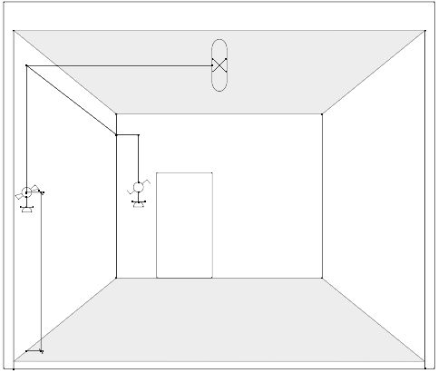 Zeichnung von einer Variante der Elektroinstallation mit zwei Schaltersteckdosenkombination einer an der linken Wand und einer an der Rückwand neben der Tür und einer Leuchtstofflampe mit Schutzwanne mittig an der Decke.