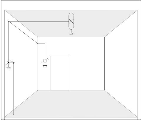 Zeichnung von einer Variante der Elektroinstallation mit zwei Schaltersteckdosenkombination einer an der linken Wand und einer an der Rückwand neben der Tür und einer Leuchtstofflampe mit Schutzwanne mittig an der Decke und Steckdose unter der Decke für Elektroantrieb. 
