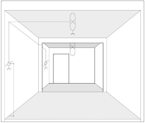 Zeichnung von einer Variante der Elektroinstallation mit zwei Schaltersteckdosenkombination einer an der linken Wand und einer an der Rückwand neben der Tür und einer Leuchtstofflampe mit Schutzwanne mittig an der Decke.