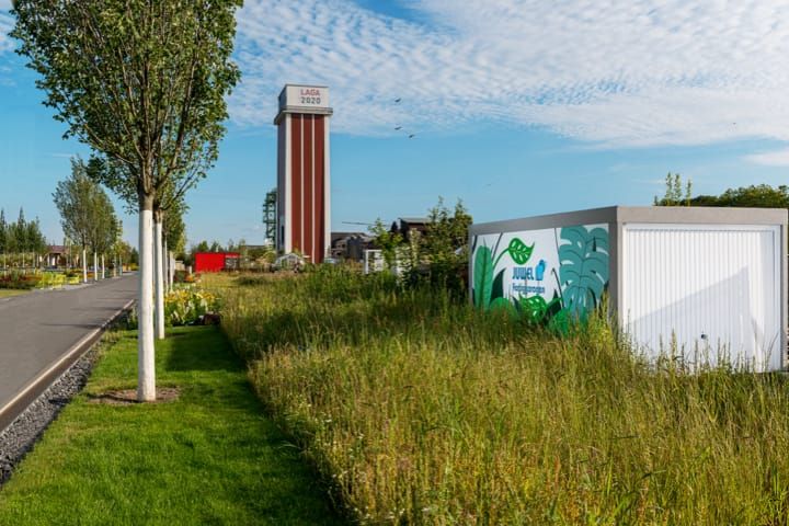 Straßenlandschaft mit Rasen, hohem Gras, Bäumen und einem hohen Turm im Hintergrund. Rechts eine weiße Gebäudefront mit Pflanzenmotiven.